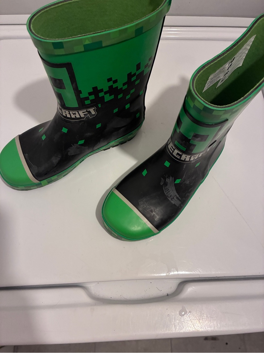 Kids Waterproof Green & Black Rain Boots - Minecraft Style